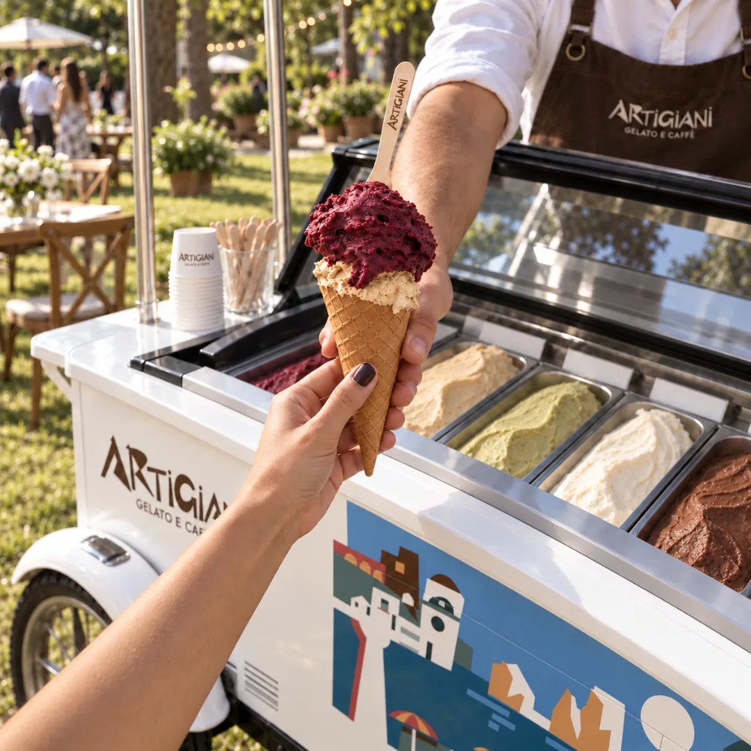 Sorvete Artigiani servido no carrinho de gelato durante um evento ao ar livre