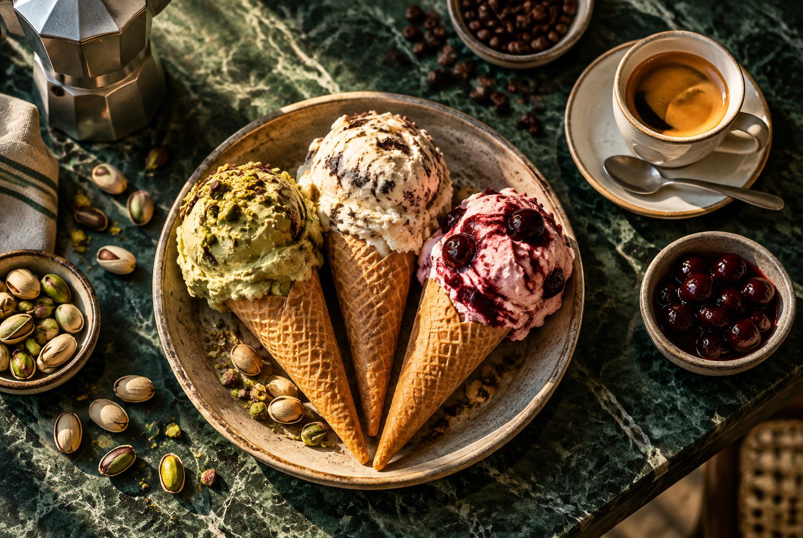 Seleção de gelatos artesanais e espresso para eventos